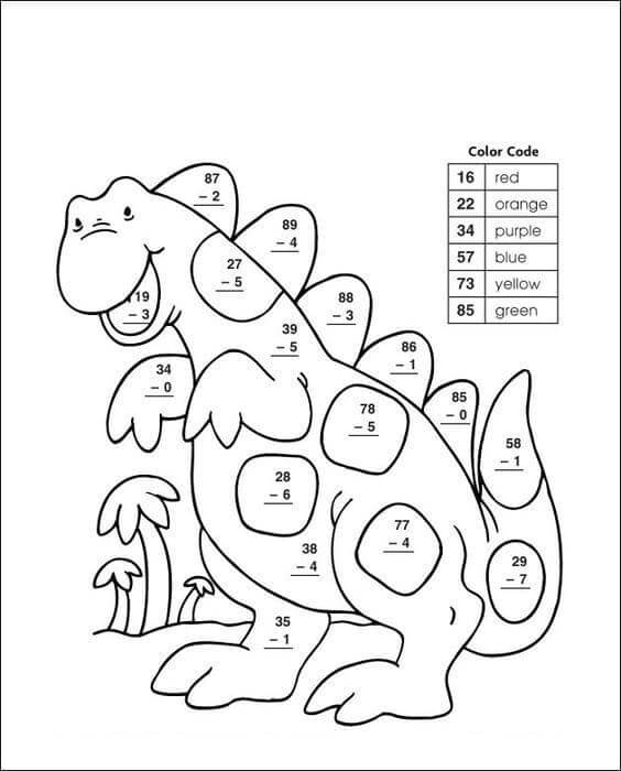 Dinosaur Subtraction Color By Number Color By Number