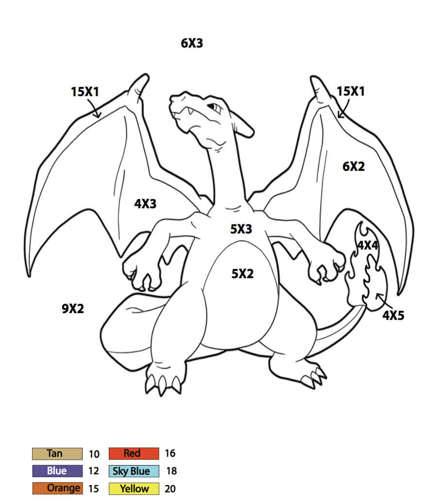 Charizard Pokemon Color by Multiplication Color By Number