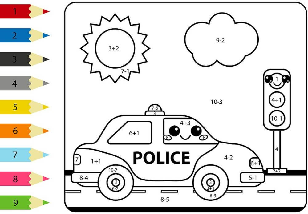 Adorable police car color by number