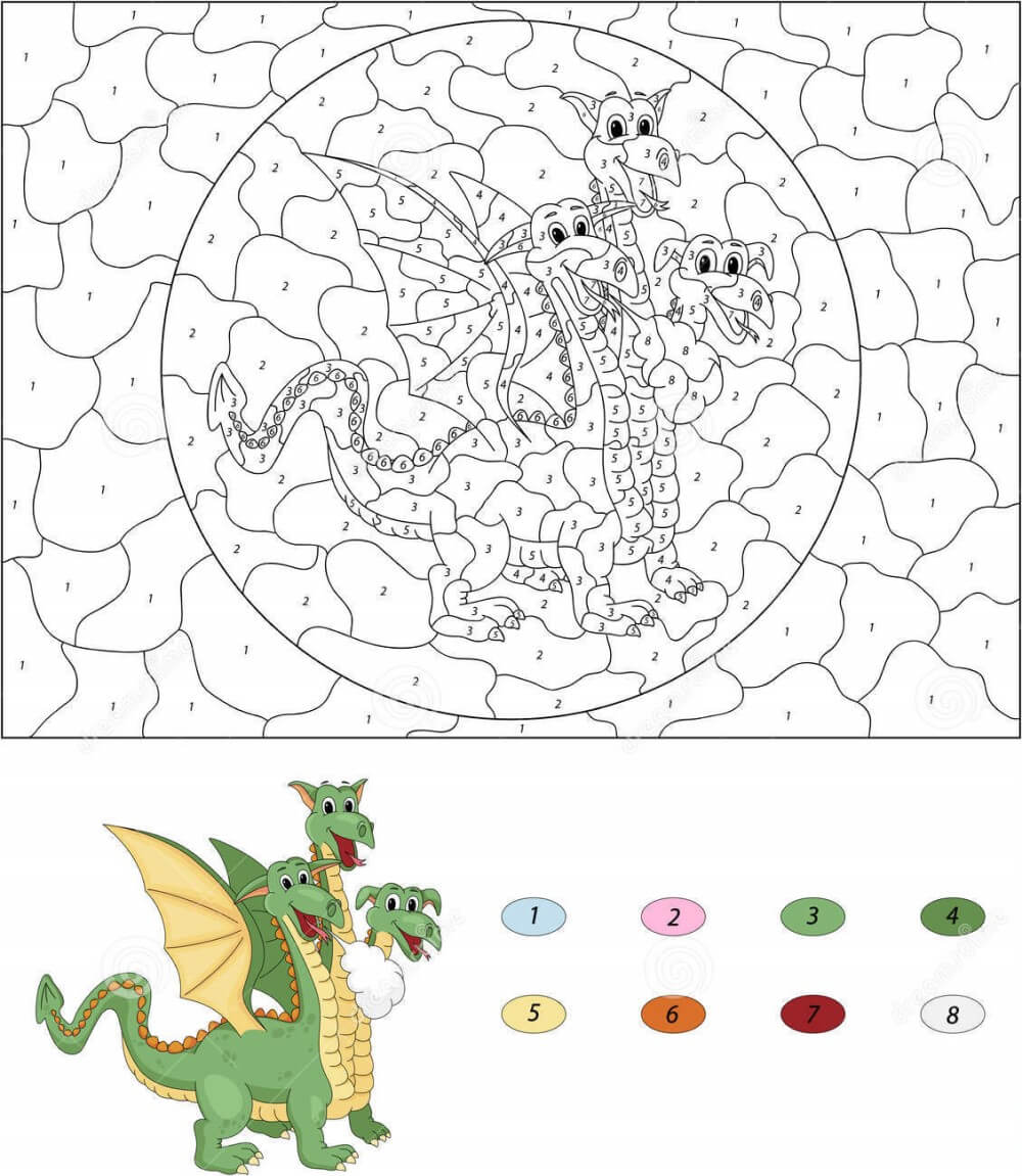Cartoon three headed dragon color by number