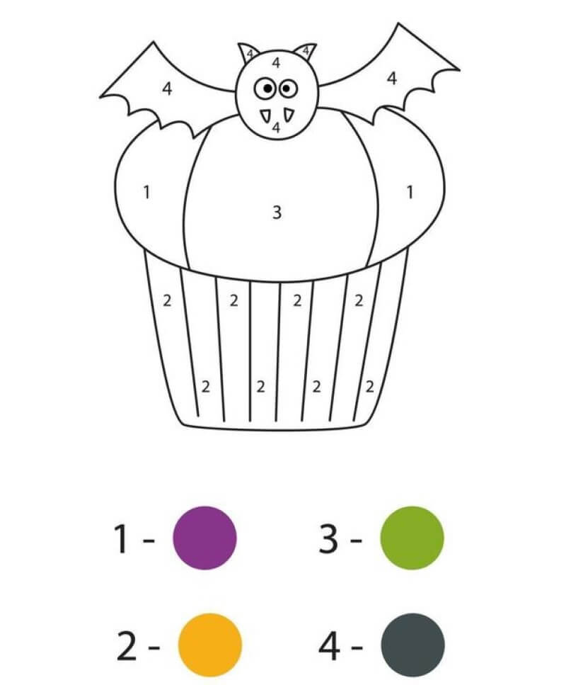 Cute halloween bat cupcake color by number