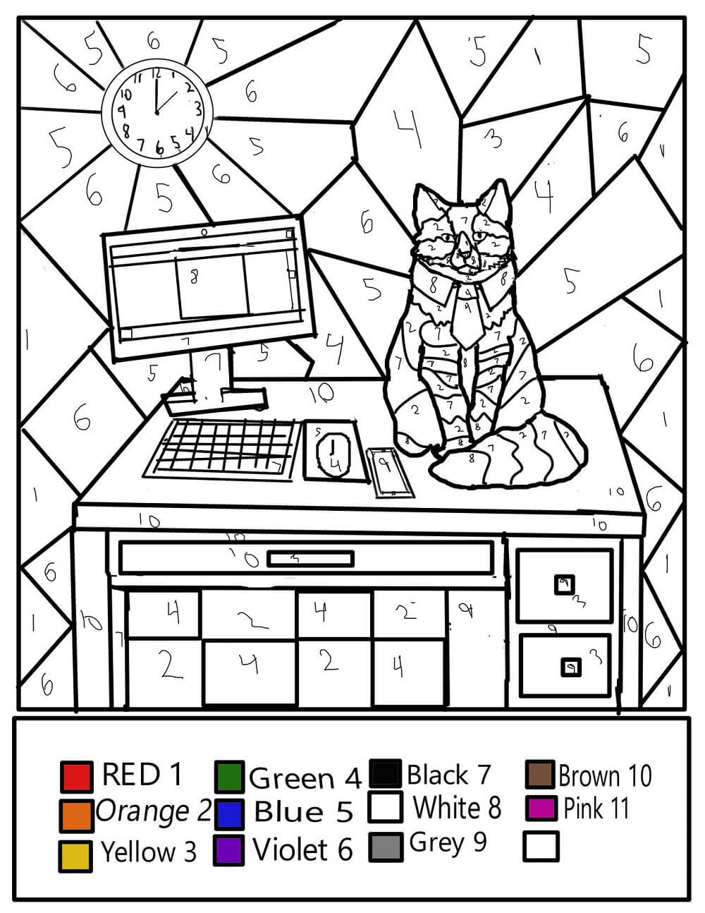 The cat is on the computer desk color by number