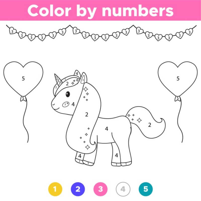 Unicorn and 2 balloons color by number