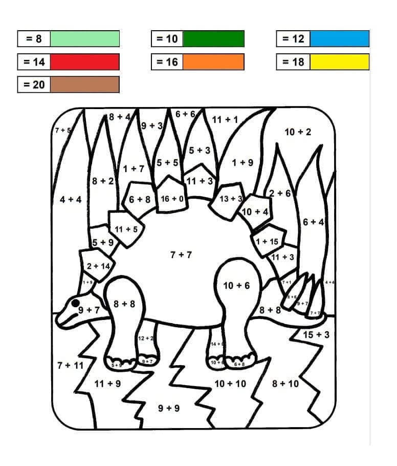 Dinosaur Addition Color By Number Color By Number