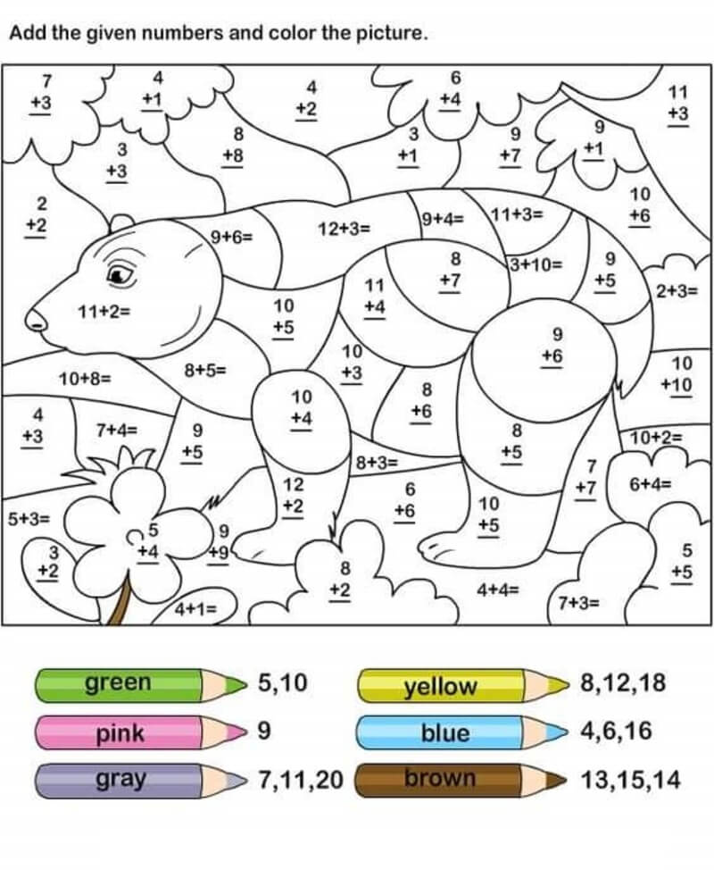 Addition Bear color by number