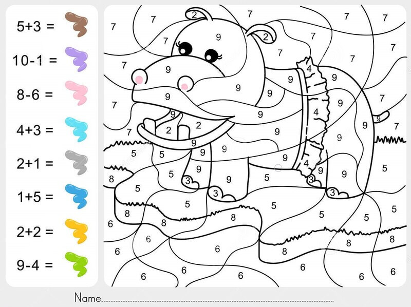 Addition Hippo color by number