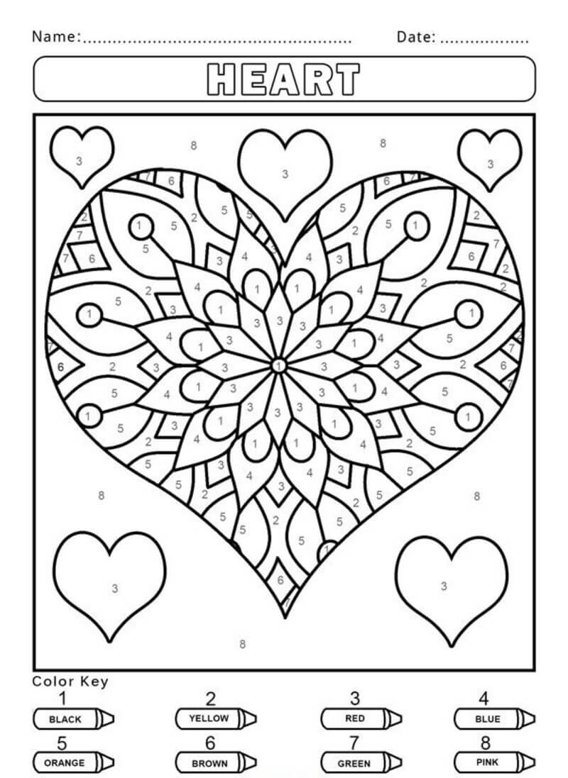 Beautifully detailed heart color by number