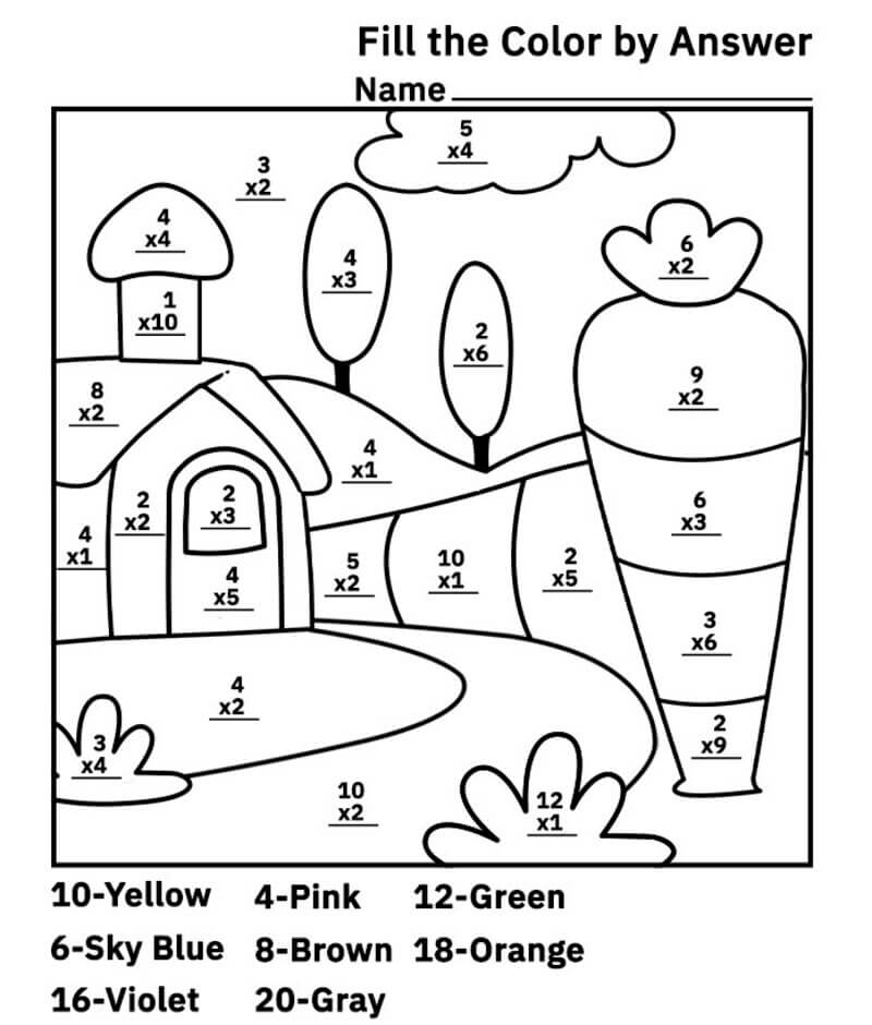 Carrot's house Multiplication color by number