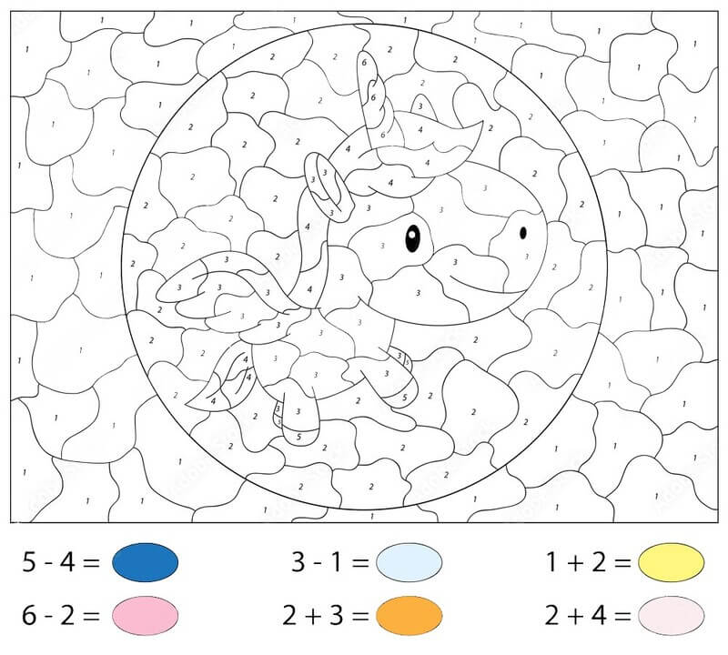 Cartoon Unicorn Subtraction color by number Color By Number