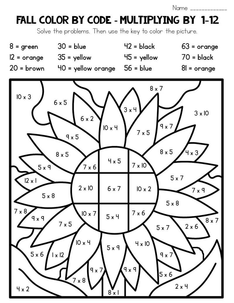 Fall Multiplication color by number