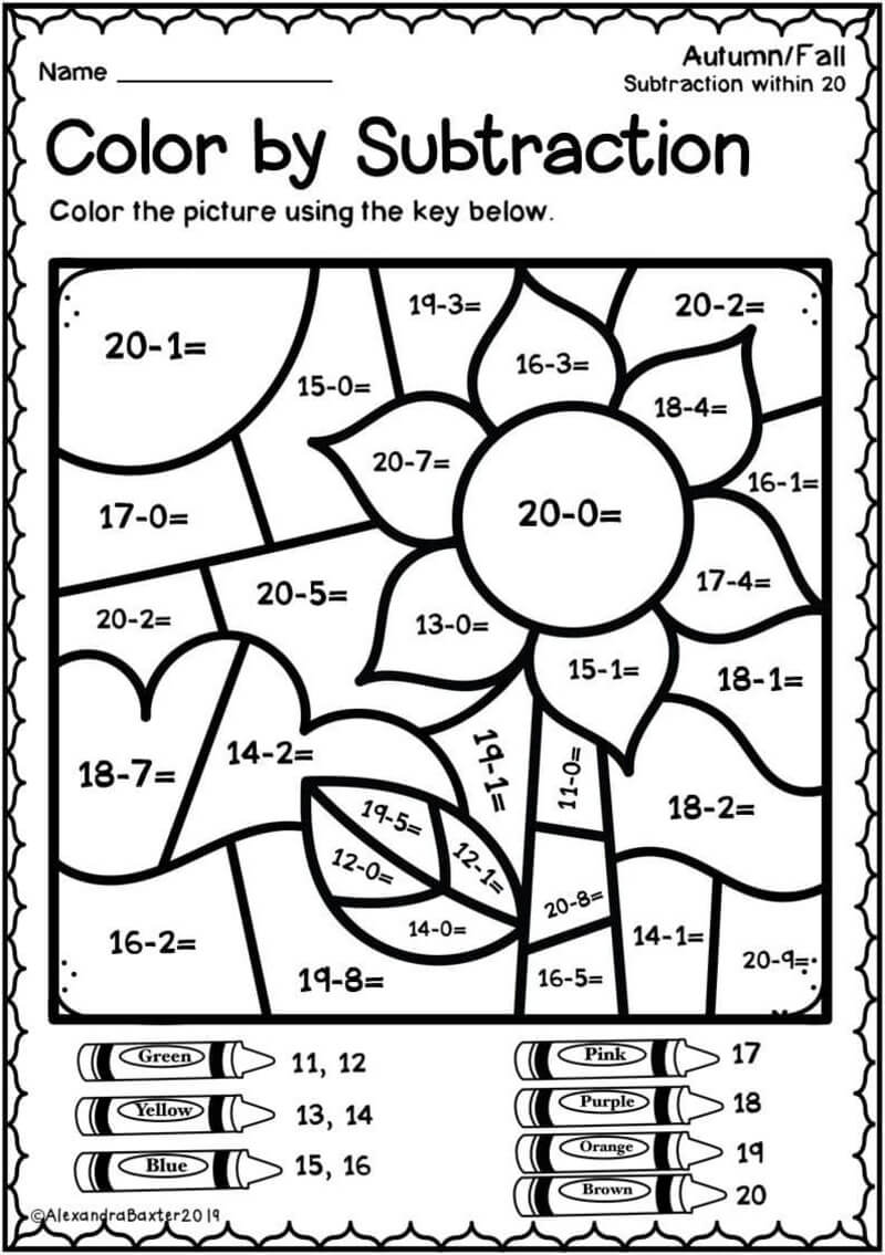Flower Subtraction color by number