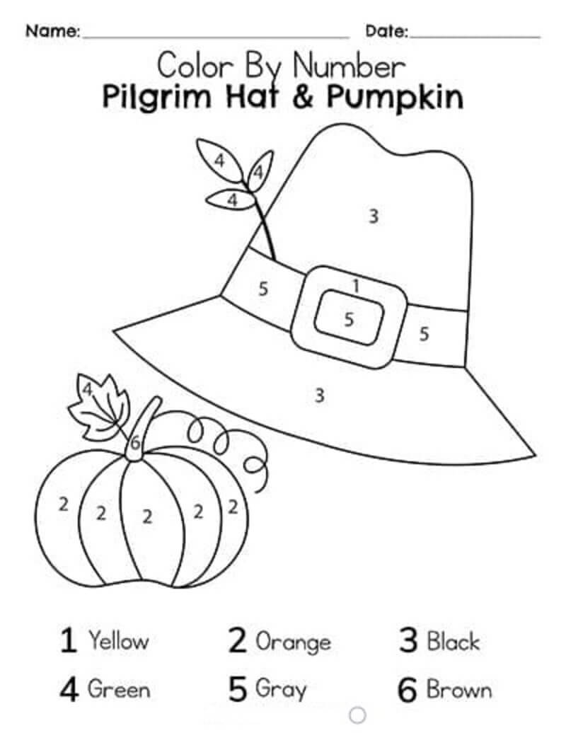 Pilgrim hat and pumpkin color by number