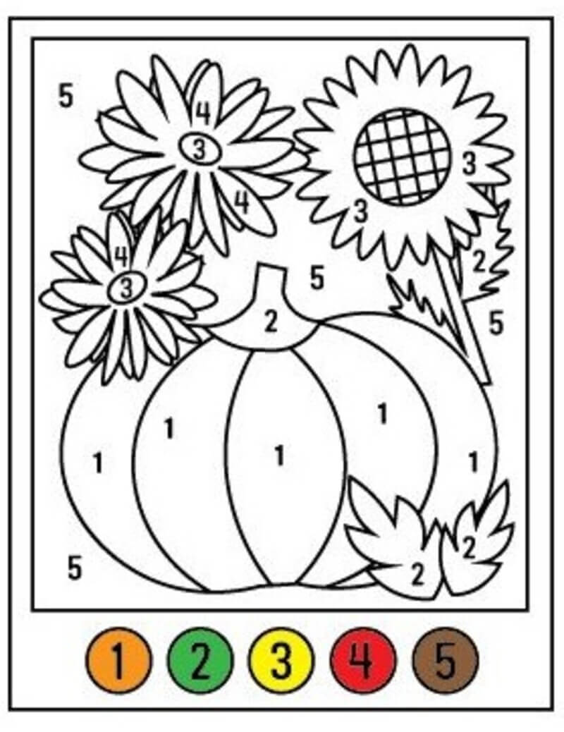Pumpkin with Autumnal Flowers color by number Color By Number