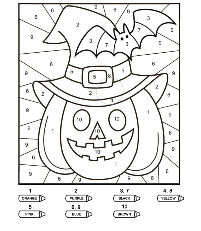 Pumpkin with bat color by number - Download, Print Now!