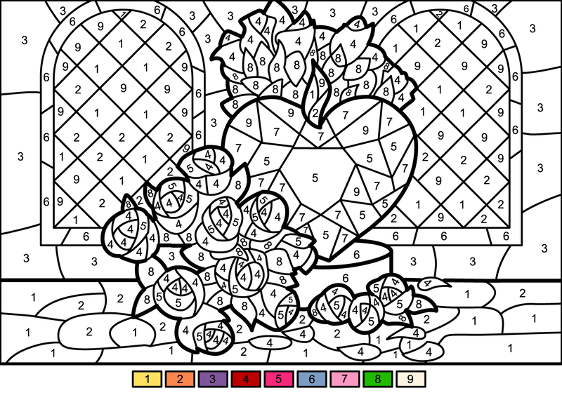 Roses and heart color by number