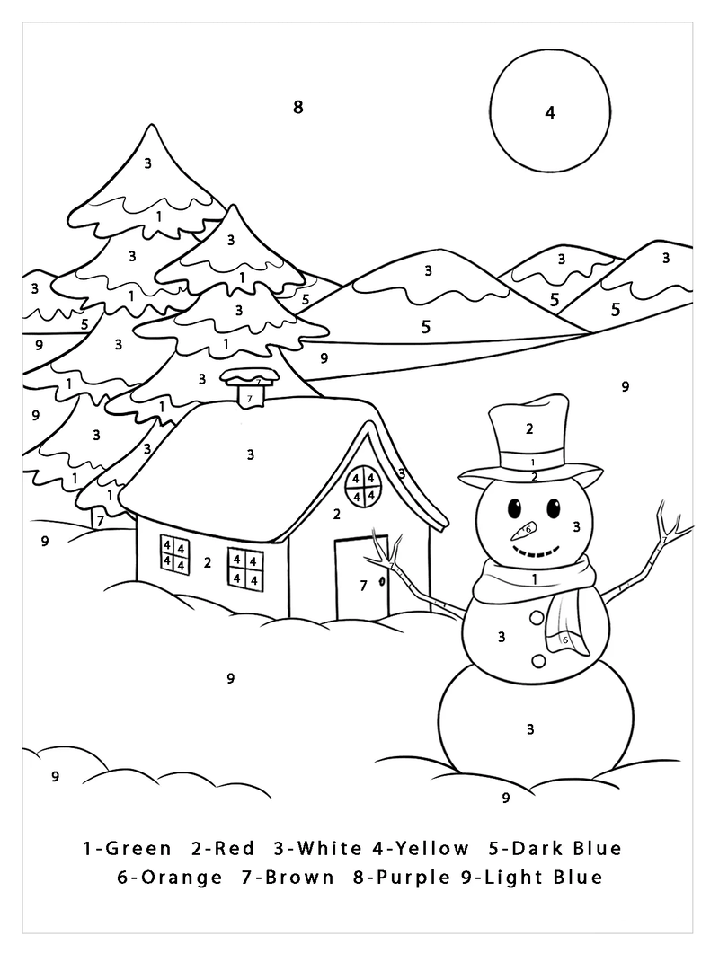 Snowman and house color by number