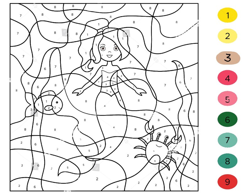 Cartoon Mermaid color by number