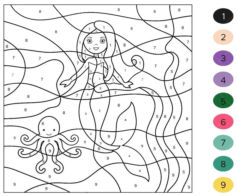 Mermaid with octupus color by number