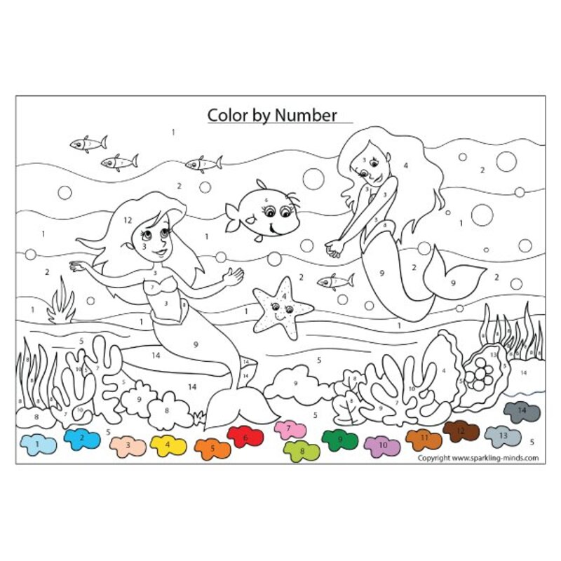 Mermaids playing with fish color by number