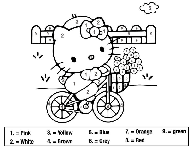 Hello Kitty is riding a bicycle color by number Color By Number