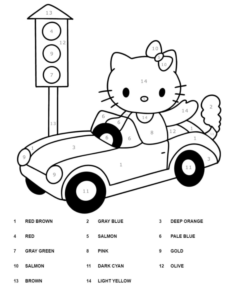 Hello Kitty riding a car color by number