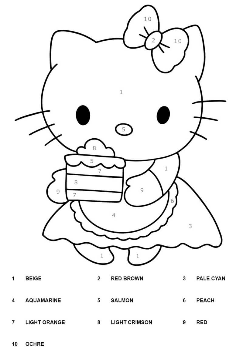 Hello Kitty with a cake color by number - Download, Print Now!