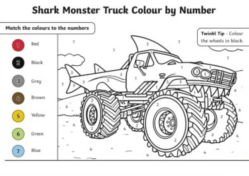 Shark Monster Truck color by number Color By Number