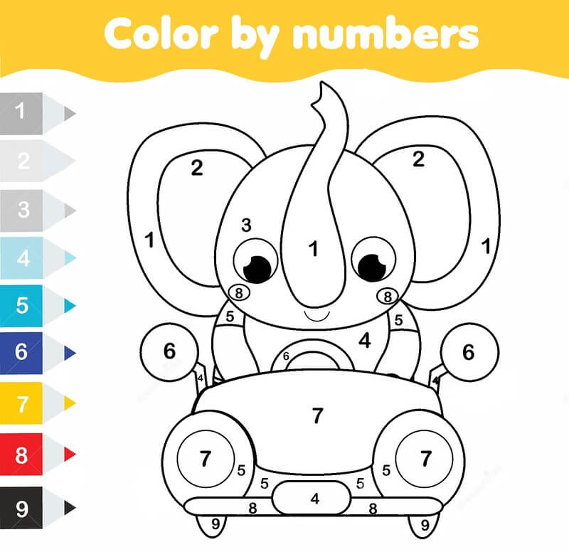 The elephant with the Race Car color by number Color By Number