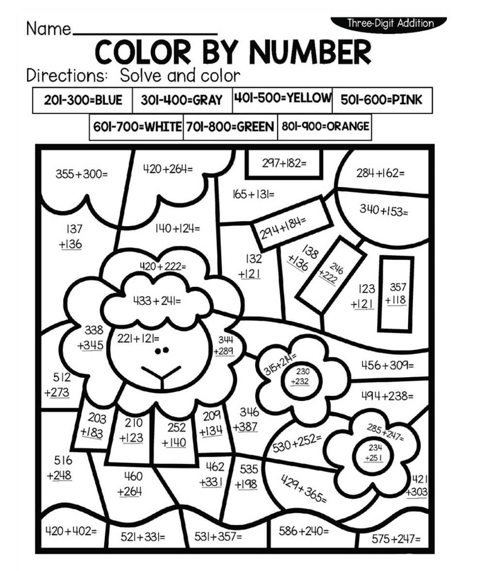 3 Digit Addition Sheep Color by Number