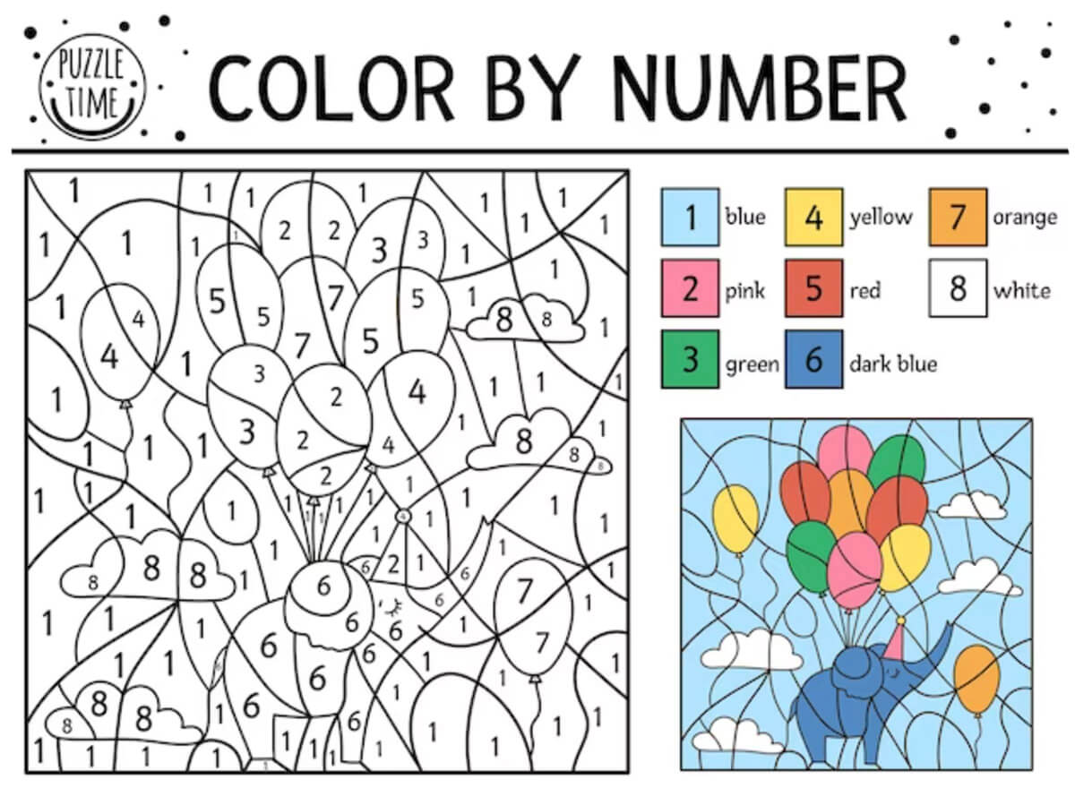 Elephant Color by Number by Puzzle Time