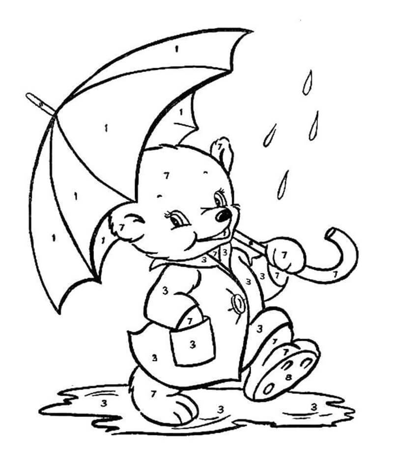 A Bear with Umbrella Color by Number Color By Number