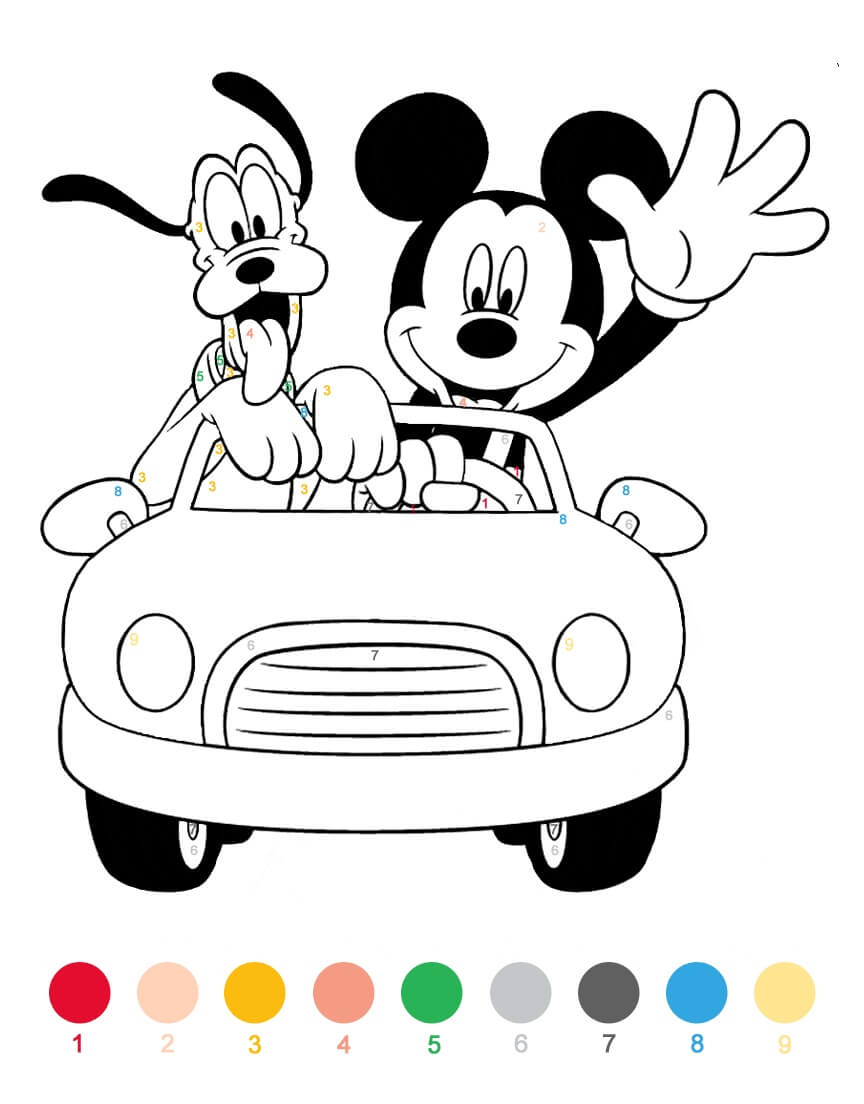 Mickey and Pluto Driving Car Color By Number