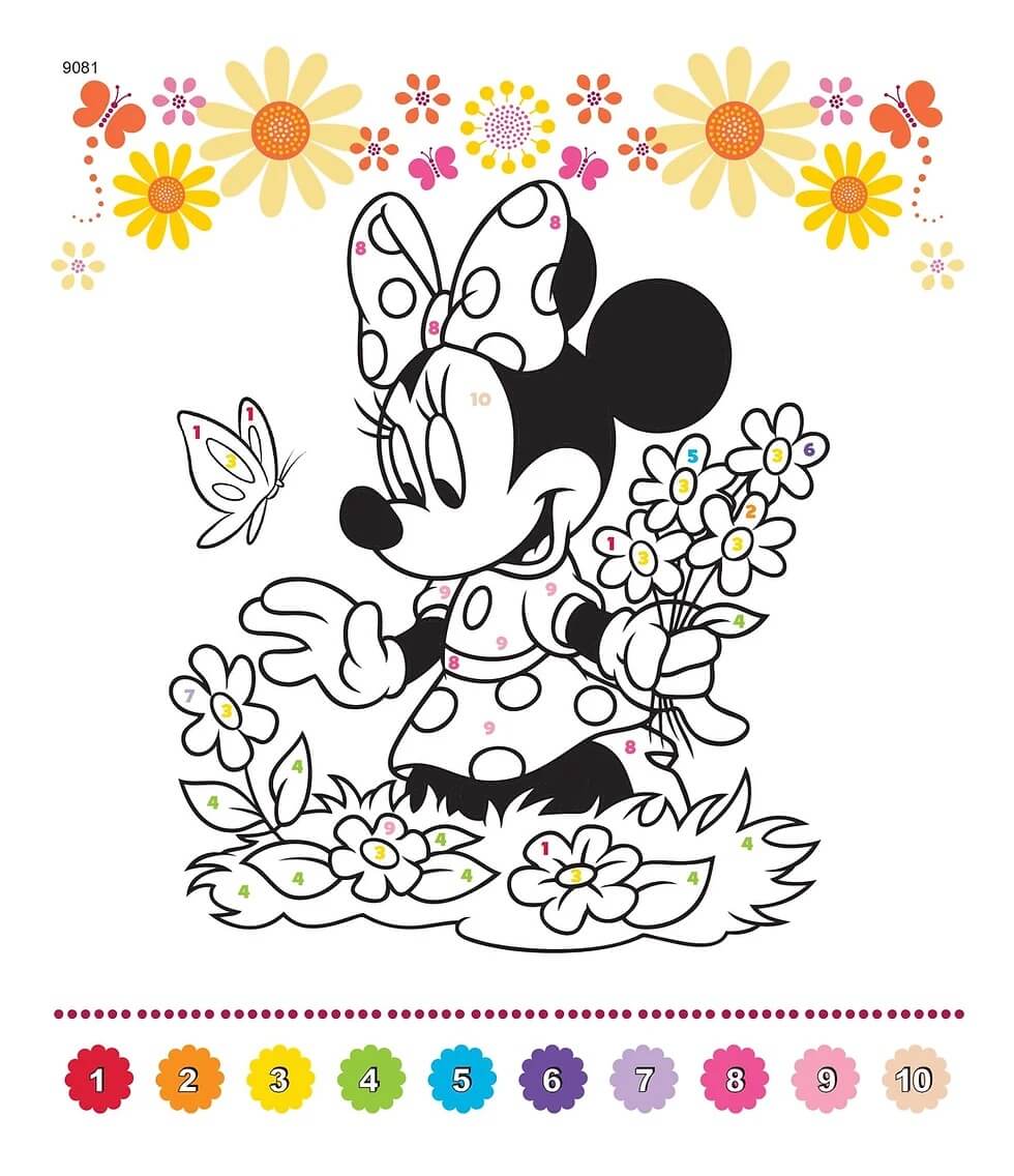 Minnie Mouse With Butterfly And Flower Color By Number Color By Number