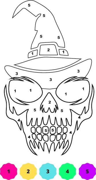 Scary Sugar Skull With Witch Hat Color By Number
