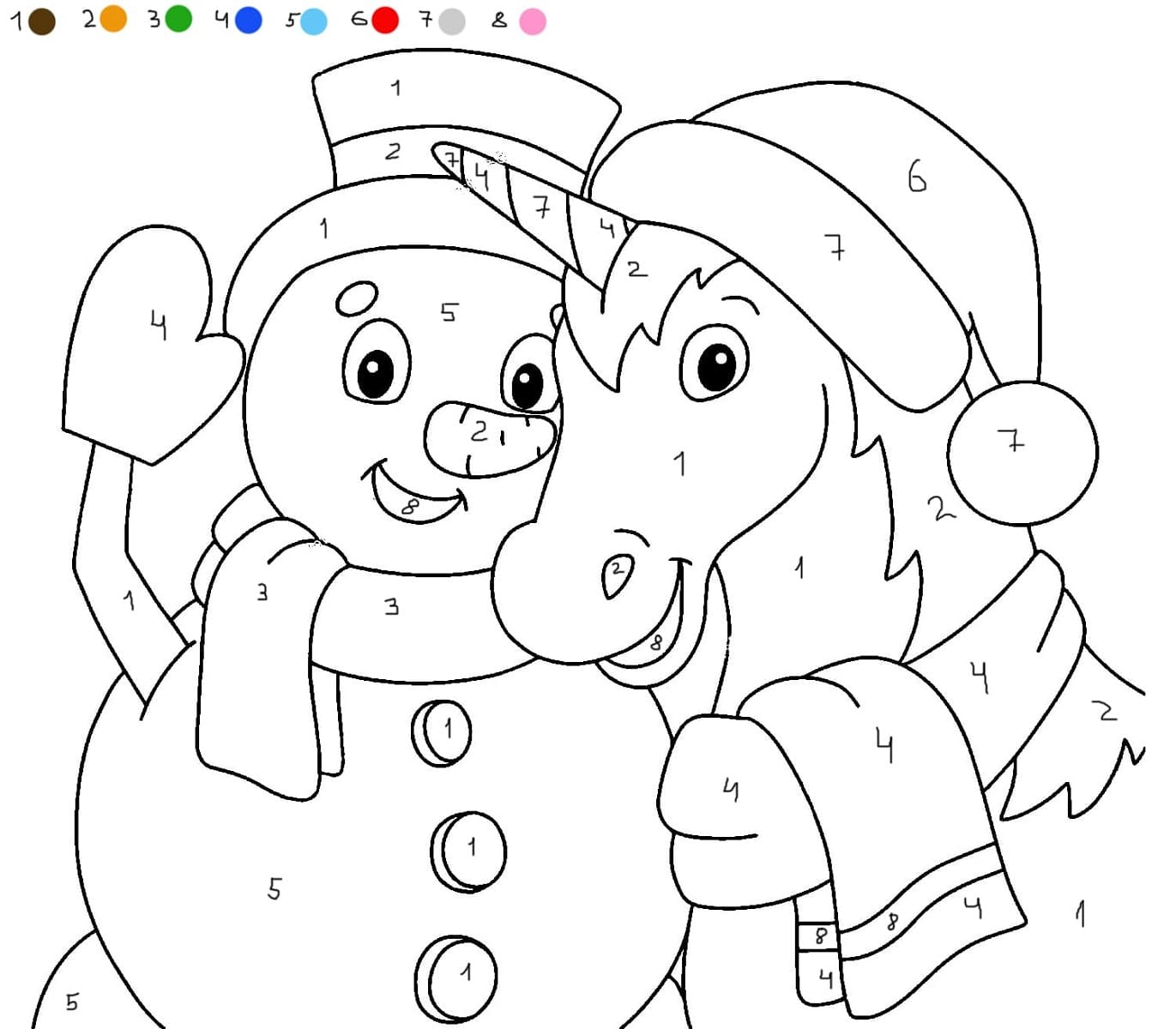 Unicorn and Snowman Color By Number